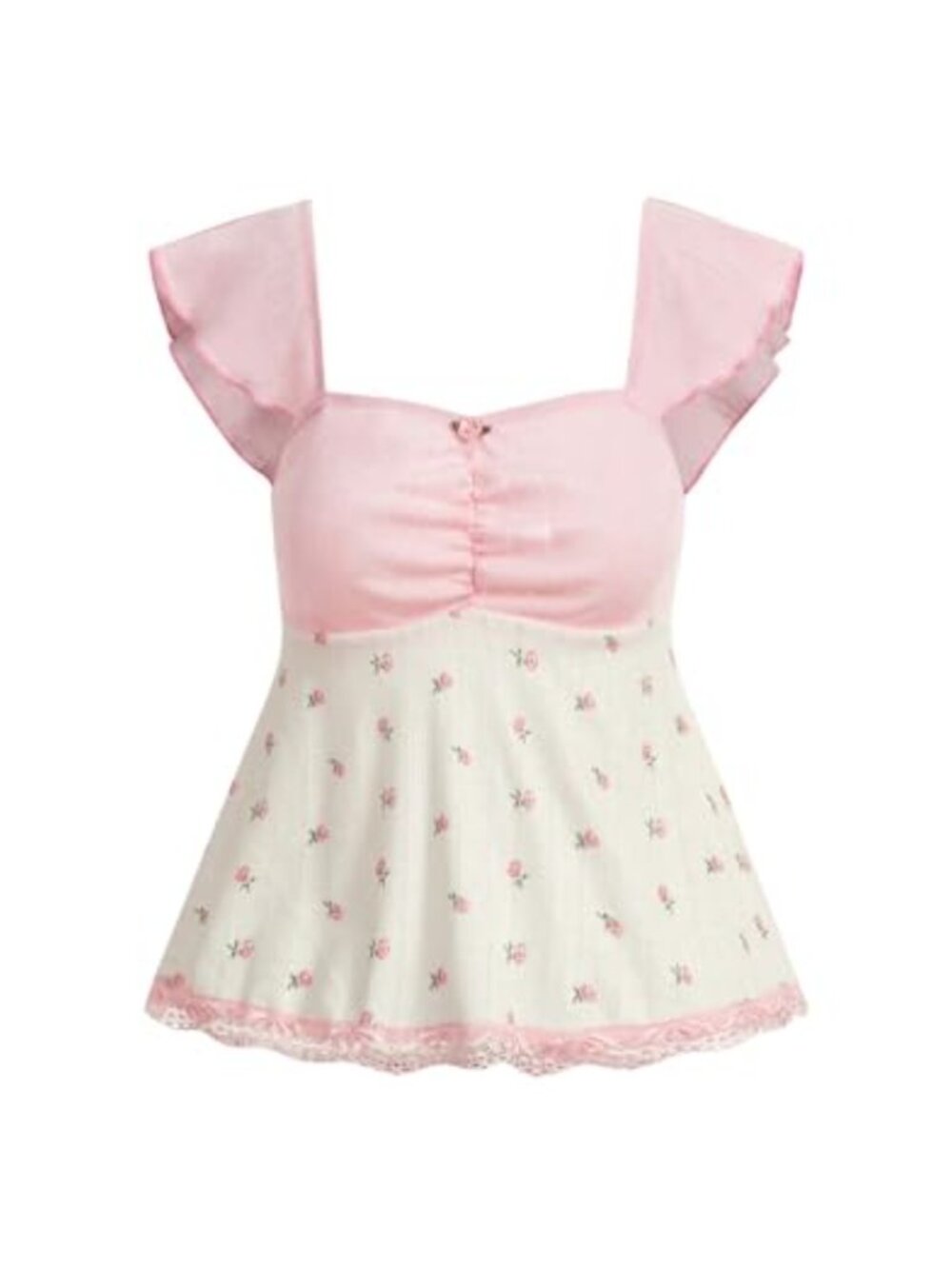 Floral Lace Trim Peplum Blouse with Cap Sleeve Ruffle Sweetheart Neck